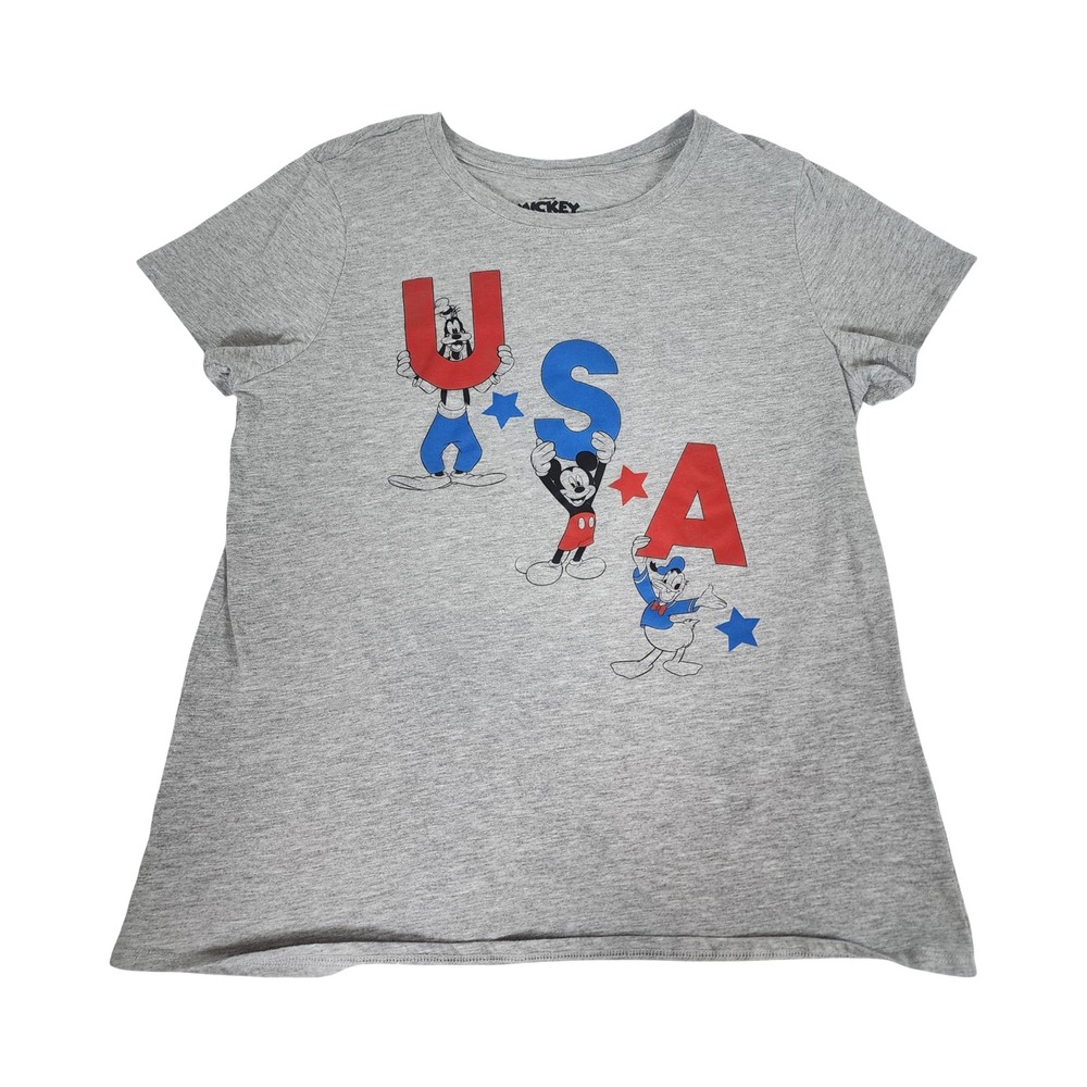 Disney Mickey and Friends USA Patriotic Graphic Tee Gray Medium Short Sleeve